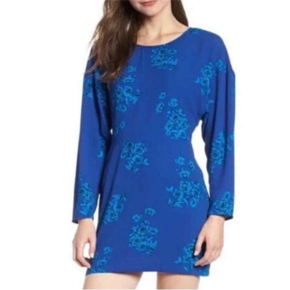 NWT Leith Nordstrom Royal Blue Floral Long Sleeve Dress M $69 - Picture 1 of 10